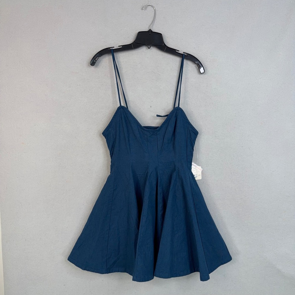 Free People Dress Women Small Navy Blue Fit & Flare Mini Summer Stretch Linen